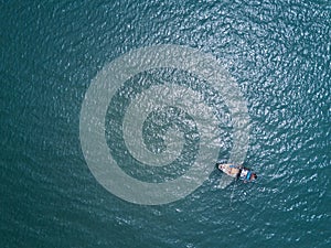 Fishing boat in The Sea. Bird eye view from drone
